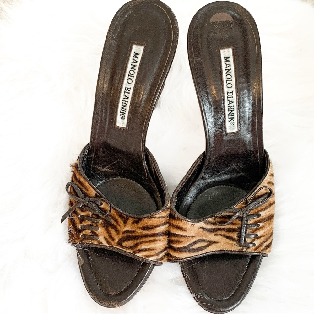 Manolo Blahnik leopard open toe high heeled shoes